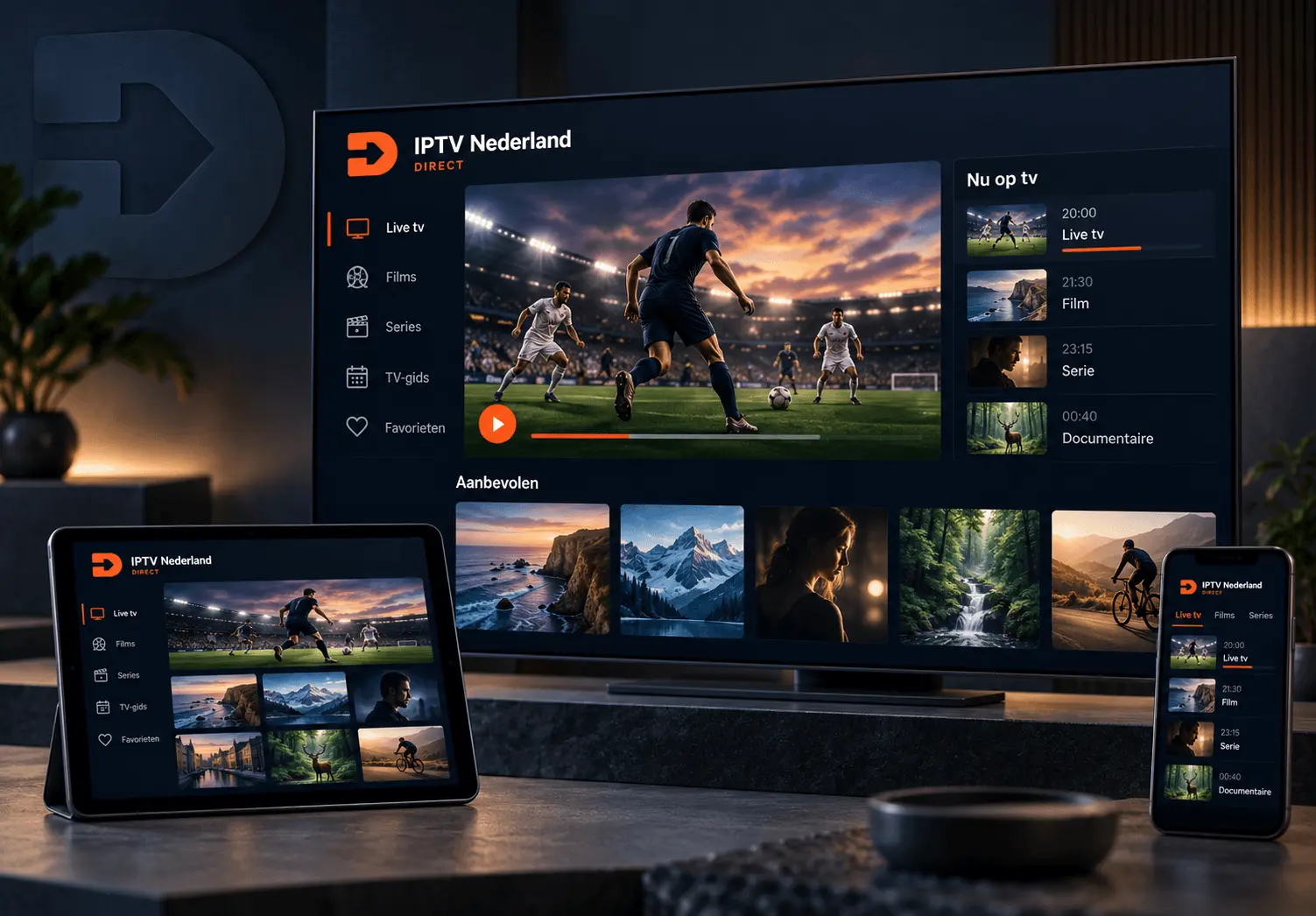 Illustratie van het IPTV Nederland Direct-dashboard op een tv, tablet en telefoon